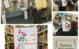 Kolaż pięciu zdjęć ze spotkania &bdquo;Ziołowa pracownia&rdquo;. Na zdjęciach widać uśmiechniętą prowadzącą Panią Elżbietę Jung w ż&oacute;łtym swetrze siedzącą w fotelu, uczestniczki zgromadzone przy stole ze słodkim poczęstunkiem i herbatą, okładkę książki dr Moniki Fijoł
