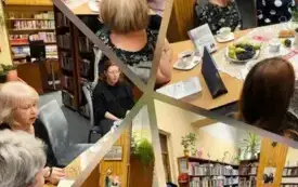 kolaż pięciu zdjęć: klubowiczki przy stole w bibliotece