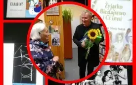 3	Kolaż z pięciu zdjęć: slajdy z prezentacji przedstawiające okładki książek Grochowiaka, fotografie rodzinne  oraz zdjęcie pana Janusza Dreczki rozmawiającego z uczestniczką spotkania literackiego. 