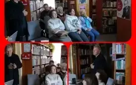 1	Kolaż z trzech zdjęć: uczestnicy spotkania literackiego oglądający prezentację pana Janusza Dreczki oraz wnętrze biblioteki podczas wydarzenia.