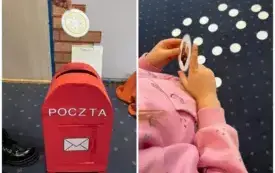 Kolaż zdjęć - Czerwona skrzynka pocztowa z kartonu i dziecko trzymające papierowy żeton w dłoniach.