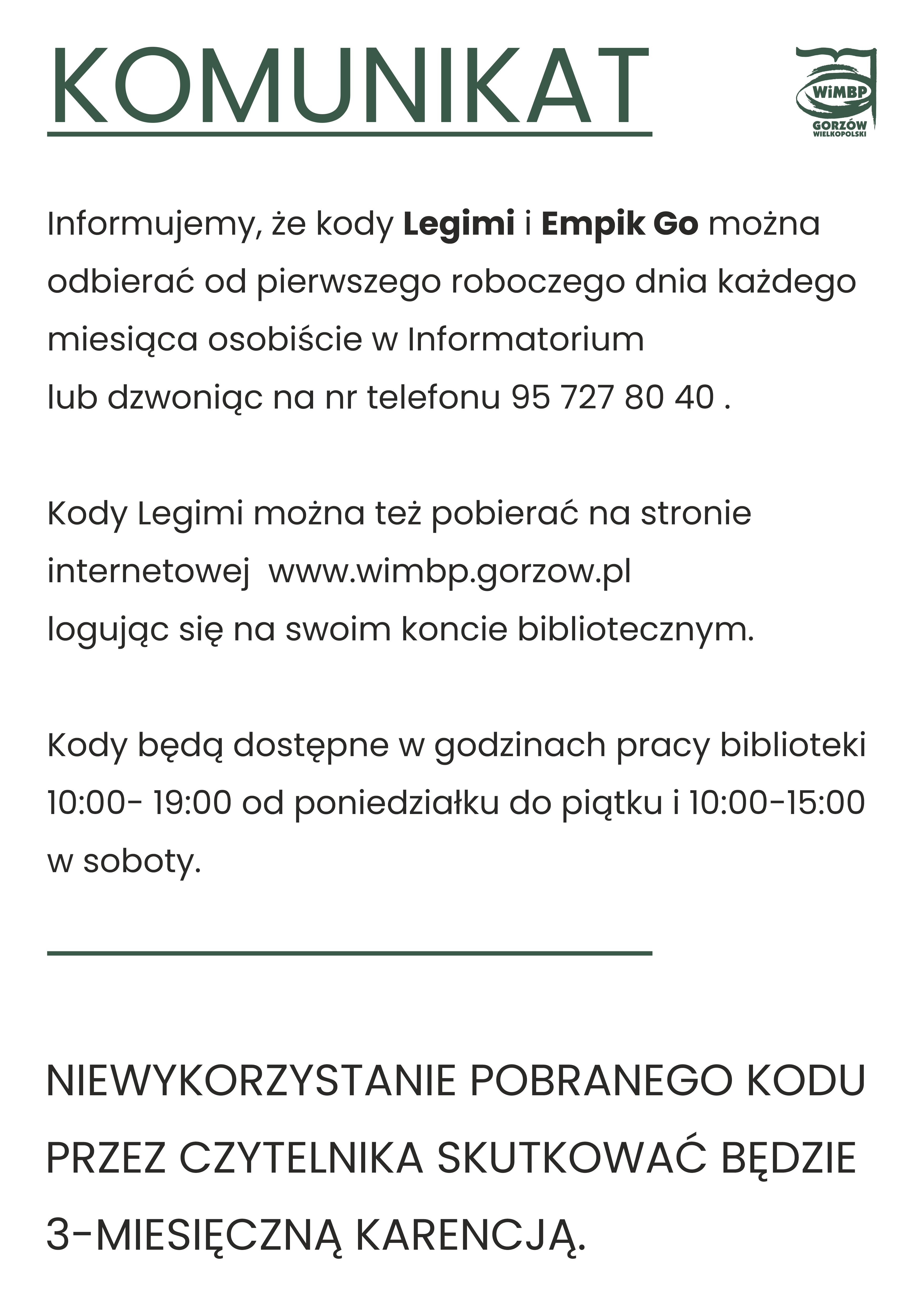 komunikat na&nbsp;białym tle czarne litery, treść jak poniżej