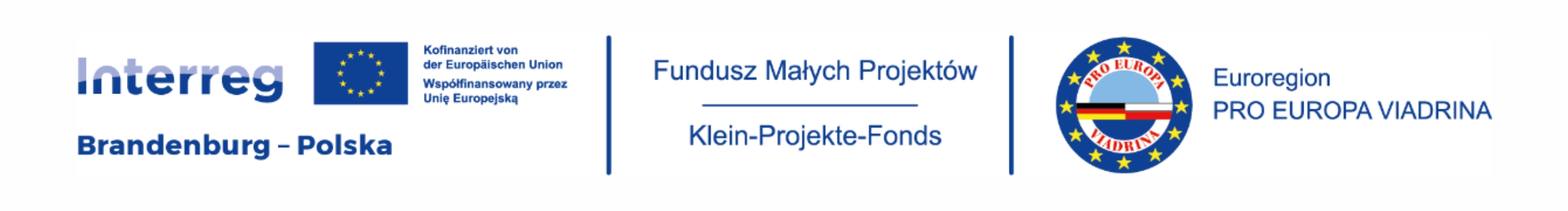 pasek z&nbsp;logami: logo od lewej: Interreg Brandenburg-Polska, napis: Fundusz Małych Projekt&oacute;w Klein-Projekte-Fonds, po prawej logo Euroregion Pro Europa Viadrina