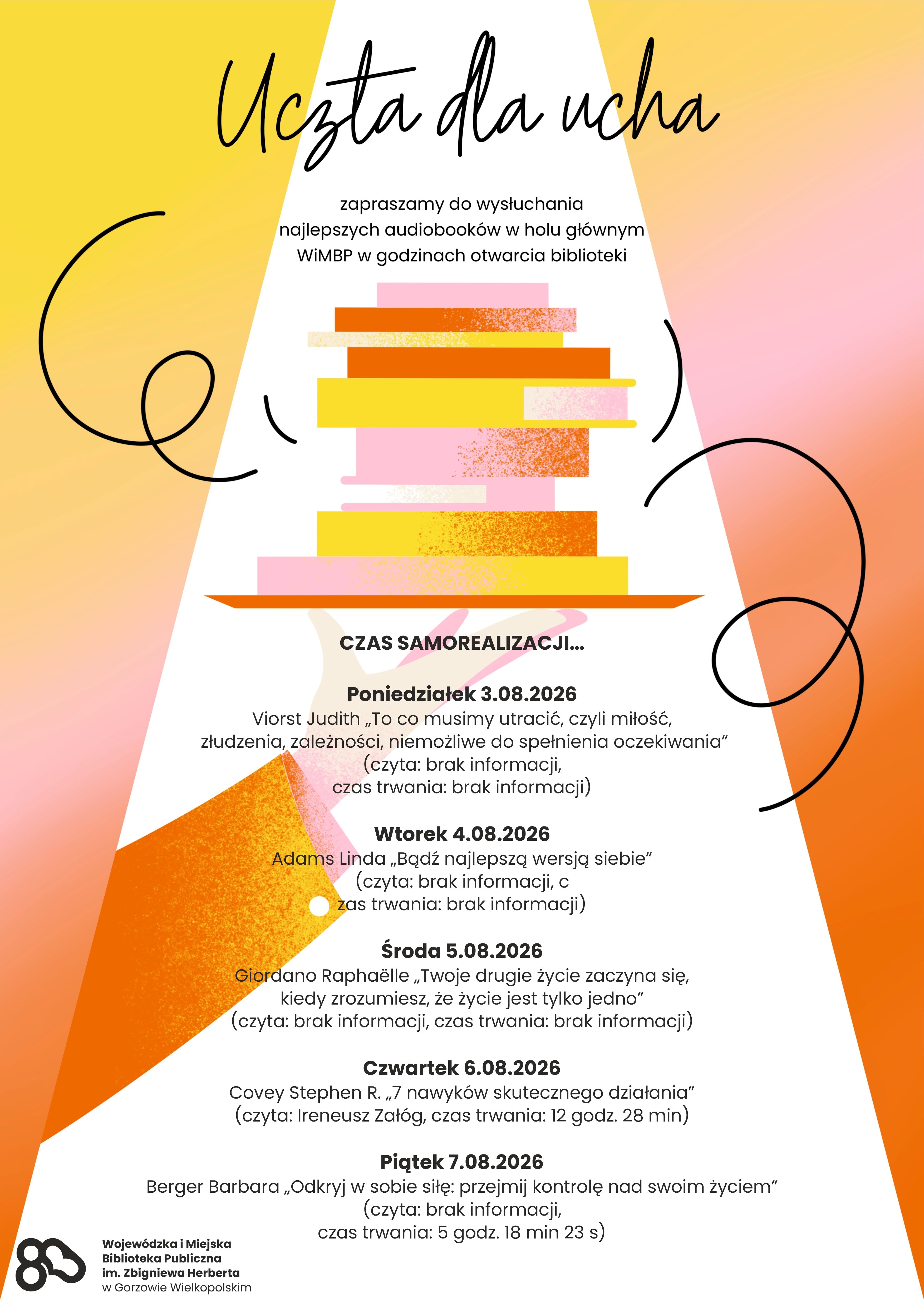 Plakat promujący Ucztę dla ucha. Zapraszamy do wysłuchania najlepszych audiobook&oacute;w w&nbsp;holu gł&oacute;wnym WiMBP w&nbsp;godzinach otwarcia biblioteki. Treść jak poniżej.