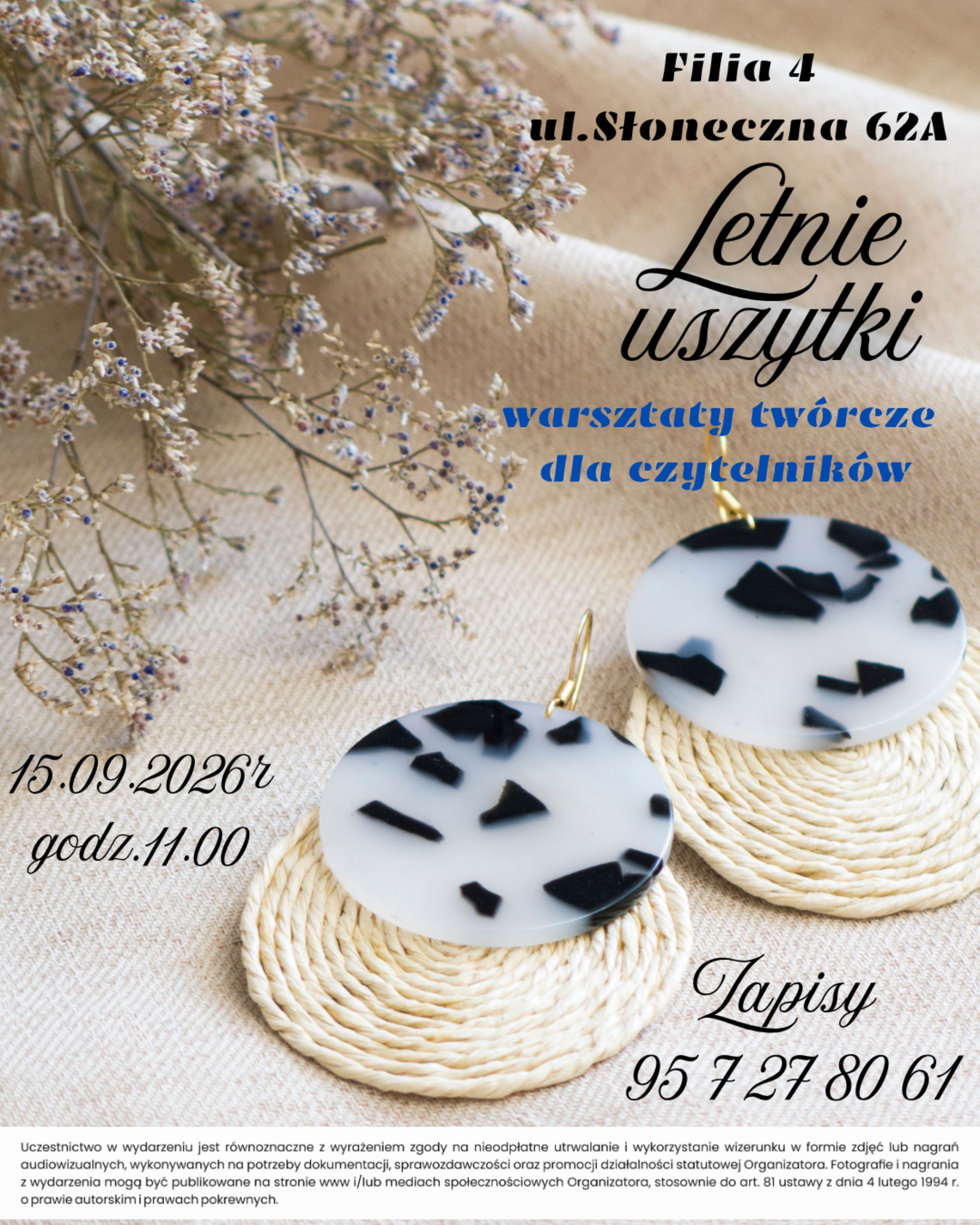 plakat zapraszający na&nbsp;spotkanie tw&oacute;rcze dla czytelnik&oacute;w Filii nr 4 oraz&nbsp;wszystkich chętnych. Na obrazie ( jasne tło) widoczne są kolczyki ręcznie wykonane z&nbsp;juty oraz&nbsp;kamieni.  Informacje organizacyjne jak powyżej