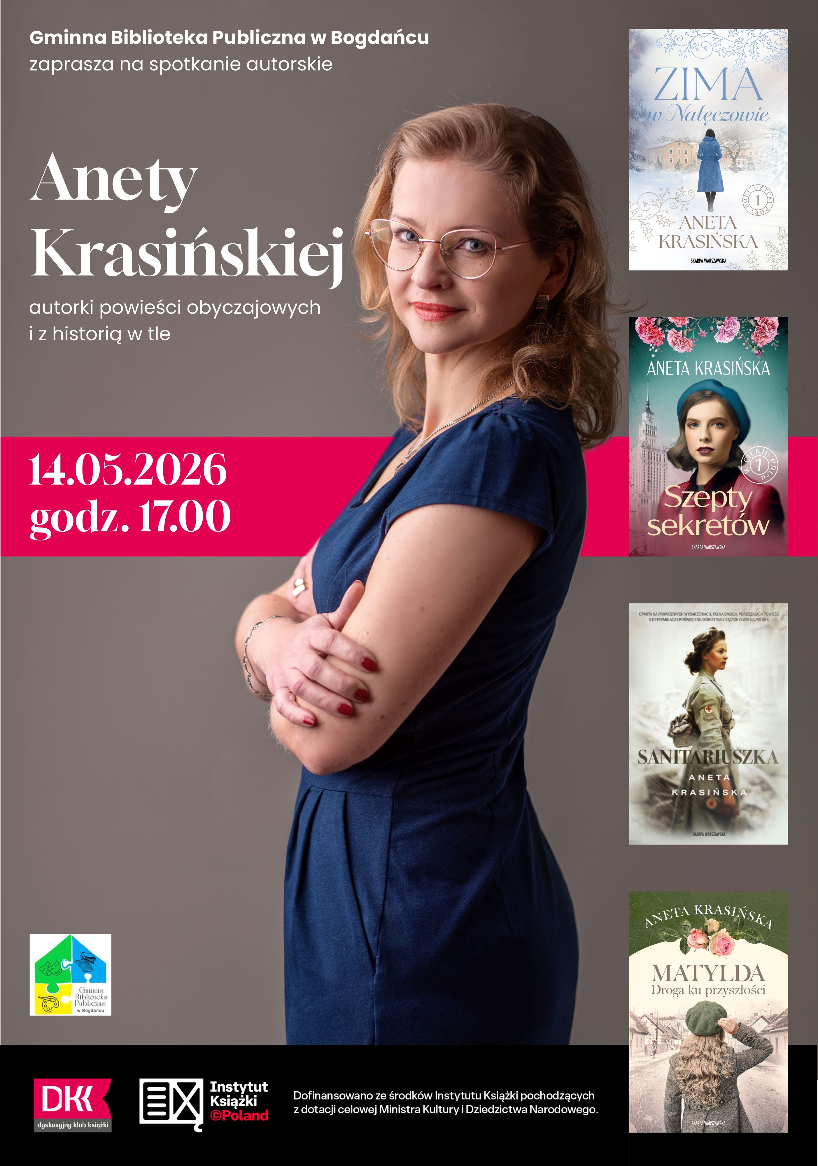 Plakat zawiera informacje o&nbsp;spotkaniu autorskim z&nbsp;Anetą Krasińską, w&nbsp;tle zdjęcia okładek książek oraz&nbsp;zdjęcie autorki.