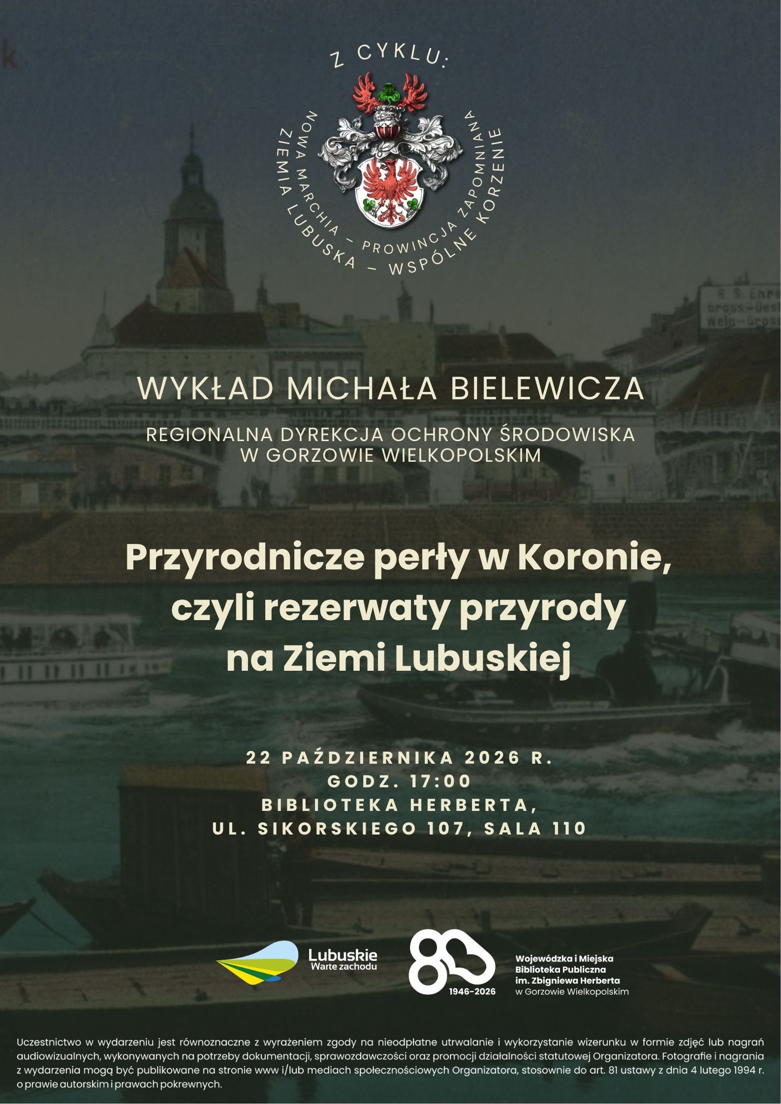 W tle plakatu jest widok na&nbsp;dawny Gorz&oacute;w &ndash; widać Wartę, estakadę kolejową oraz&nbsp;Katedrę. Od g&oacute;ry patrząc znajduje się logo &bdquo;Z cyklu: Nowa Marchia&rdquo; oraz&nbsp;informacja o&nbsp;wykładzie Michała Bielewicza wraz z&nbsp;jego nazwą. Poniżej jest podana data, godzina i&nbsp;miejsce spotkania. U dołu znajduje się logo i&nbsp;hasło Wojew&oacute;dztwa Lubuskiego oraz&nbsp;logo biblioteki informujące także o&nbsp;jej 80-leciu.