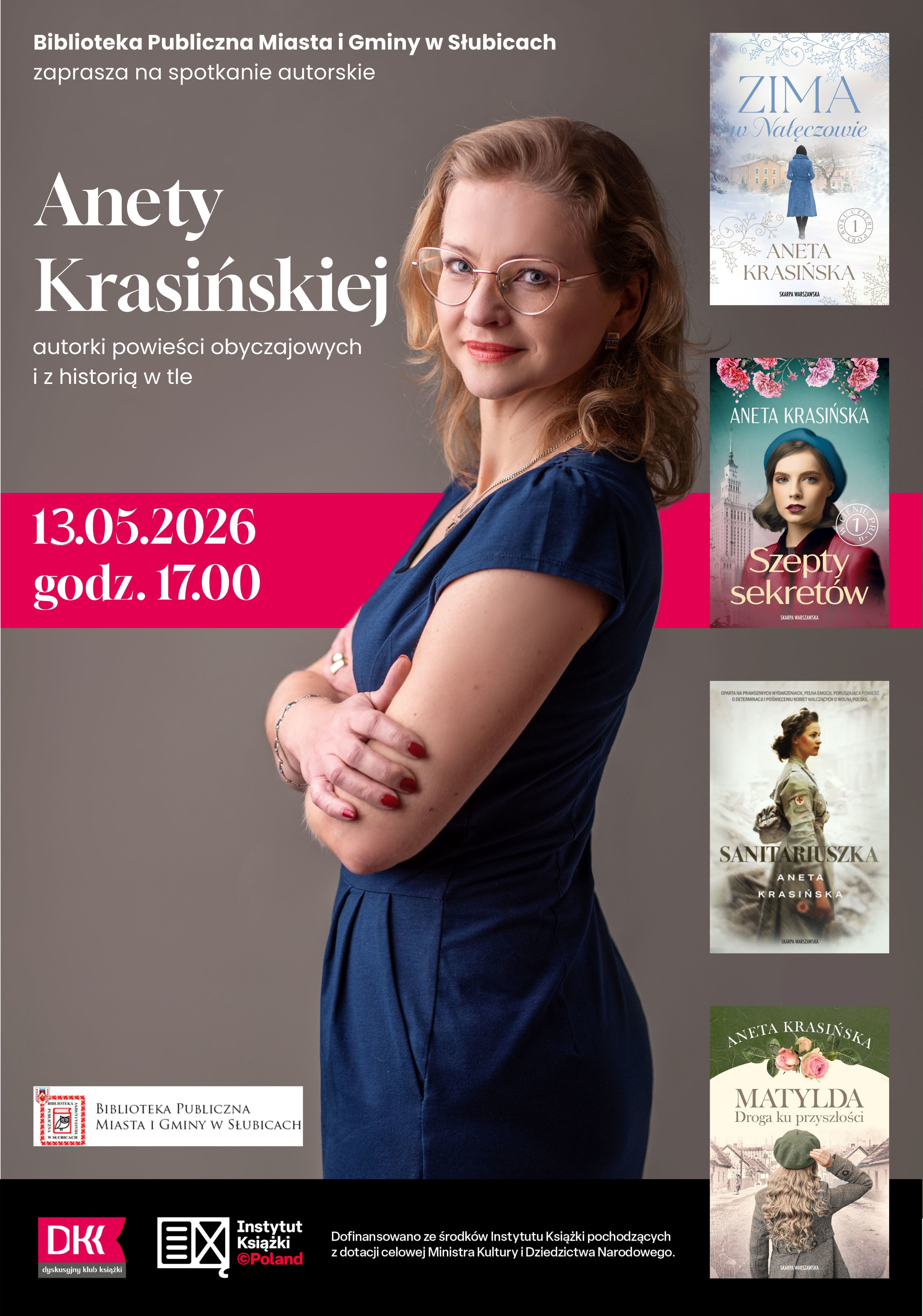 Plakat zawiera informacje o&nbsp;spotkaniu autorskim z&nbsp;Anetą Krasińską, w&nbsp;tle zdjęcia okładek książek oraz&nbsp;zdjęcie autorki.