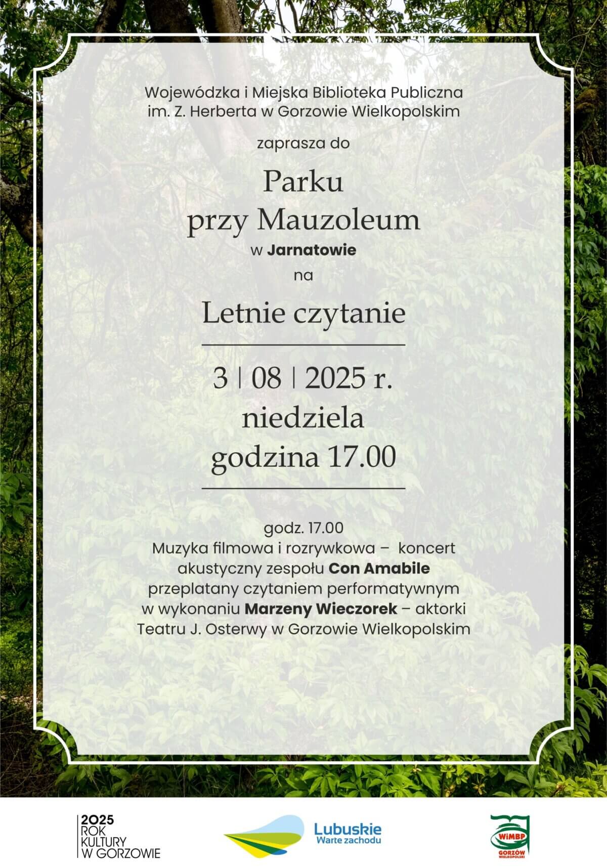 plakat promujący wydarzenie, na&nbsp;tle zieleni jasna nakladka, na&nbsp;kt&oacute;rej znajduje się tekst informujący o&nbsp;wydarzeniu, pod nim logo Roku Kultury w&nbsp;Gorzowie, wojewodztwa lubuskiego oraz&nbsp;Biblioteki Herberta