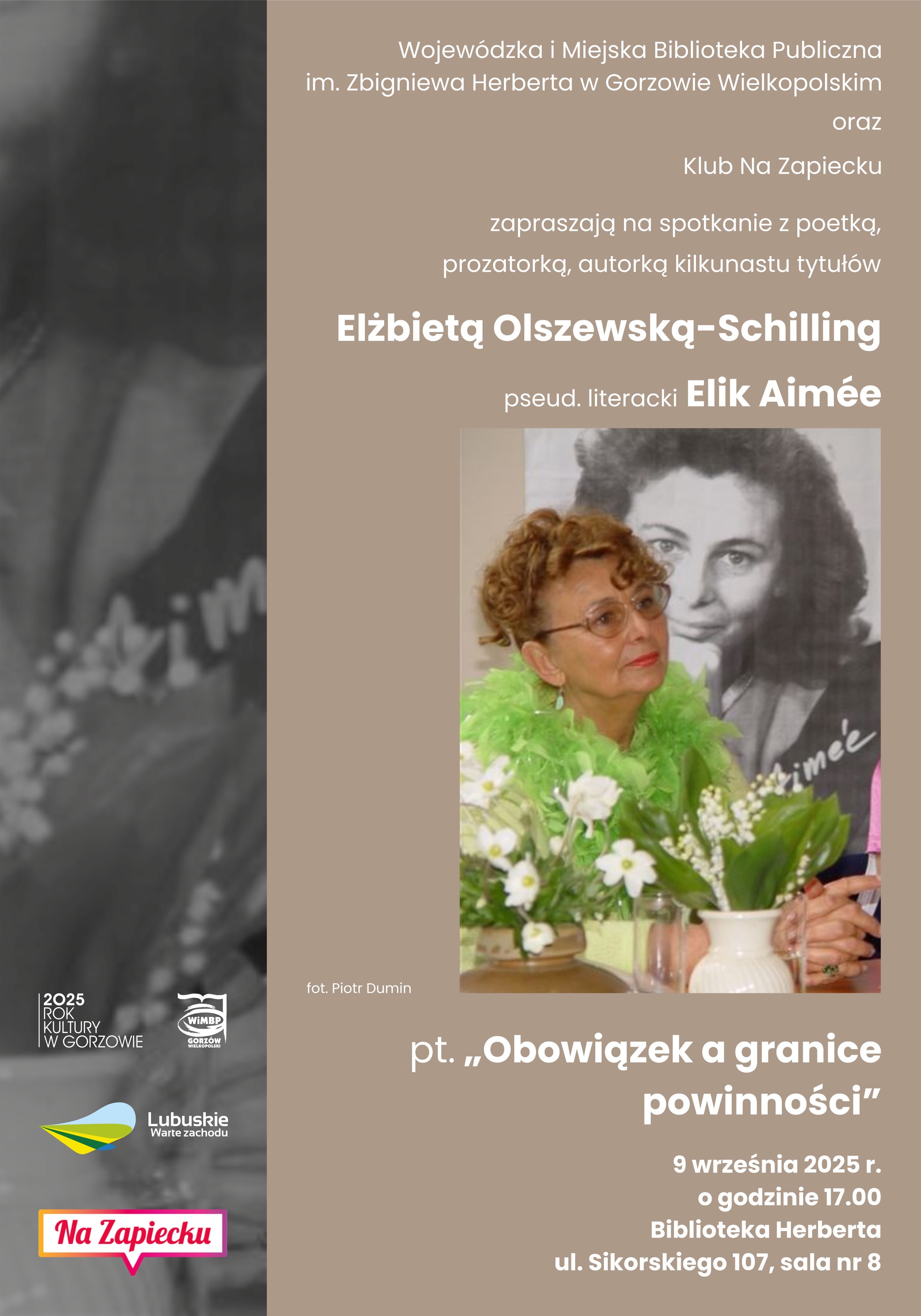 plakat promujący wydarzenie "Spotkanie autorskie z&nbsp;Elżbietą Olszewską-Schilling pseud.literacki Elik Aimee". Plakat wykonany w&nbsp;jasnej tematyce.