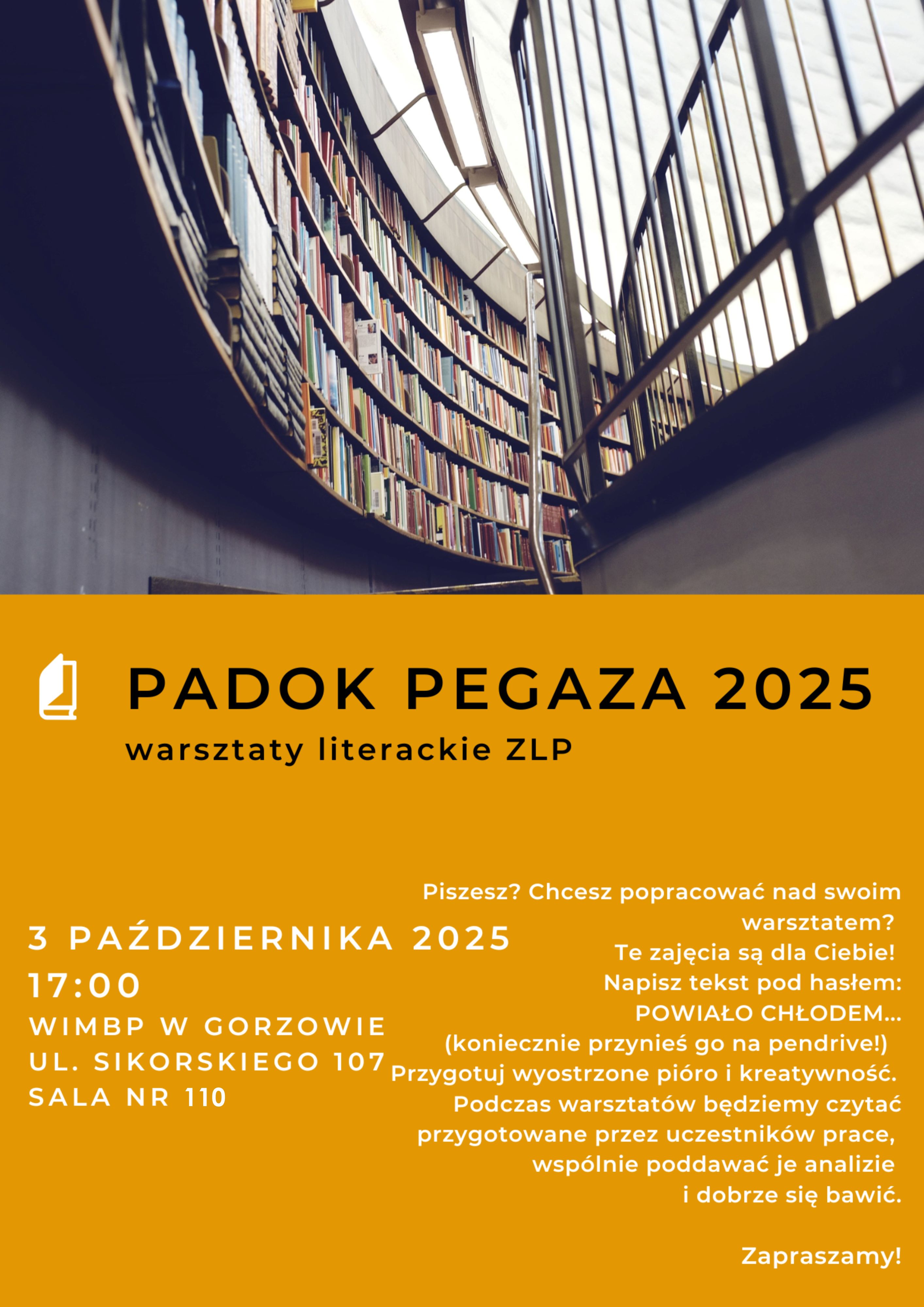 Plakat promujący wydarzenie "Padok Pegaza". Plakat umieszczony na&nbsp;pomarańczowym tle.