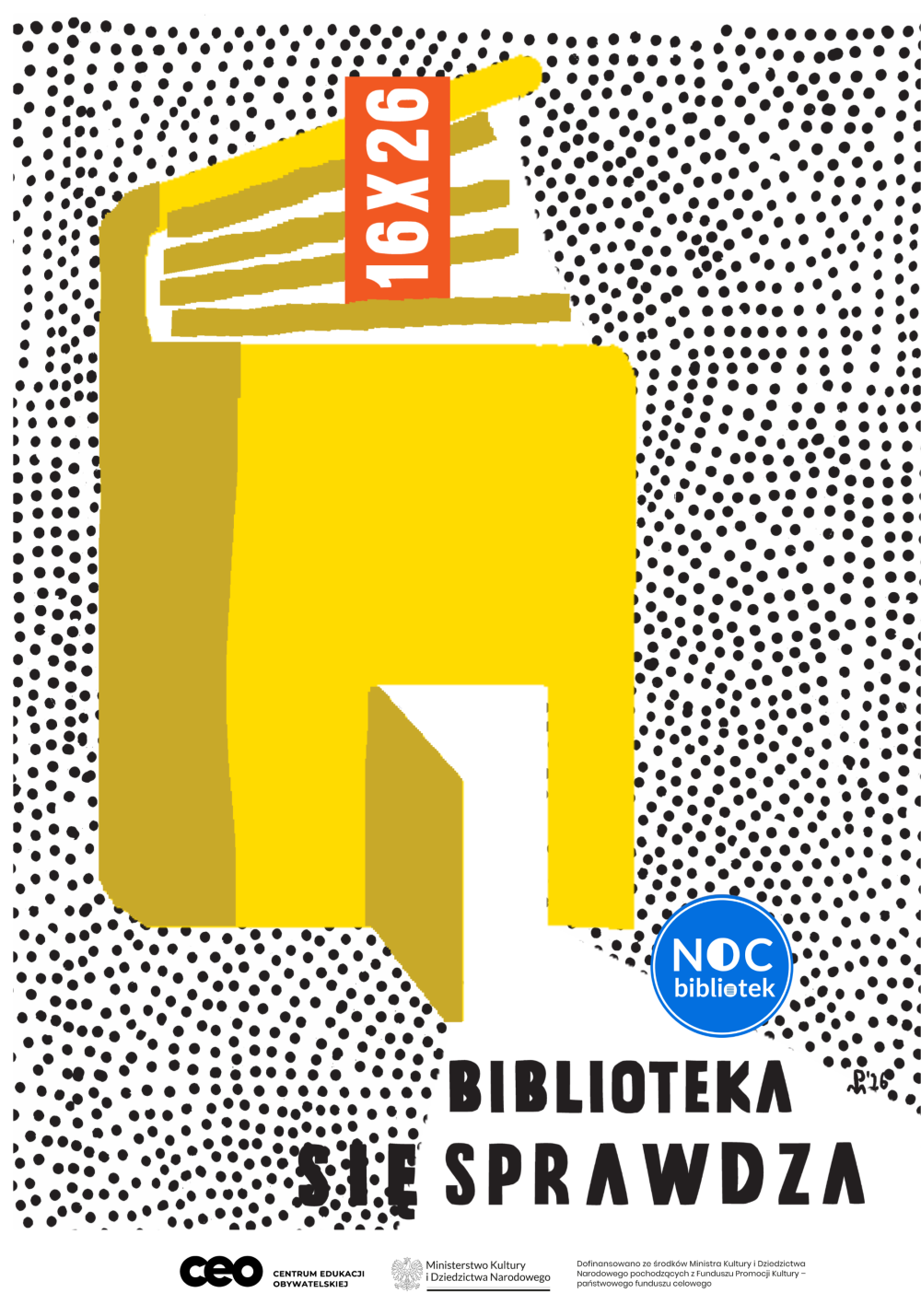 plakat promujący z&nbsp;dużą ż&oacute;łtą książką stylizowaną na&nbsp;drzwi z&nbsp;hasłem Nocy bibliotek, datą i&nbsp;logami Centrum Edukacji Obywatelskiej, Ministerstwa Kultury i&nbsp;Dziedzictwa Narodowego