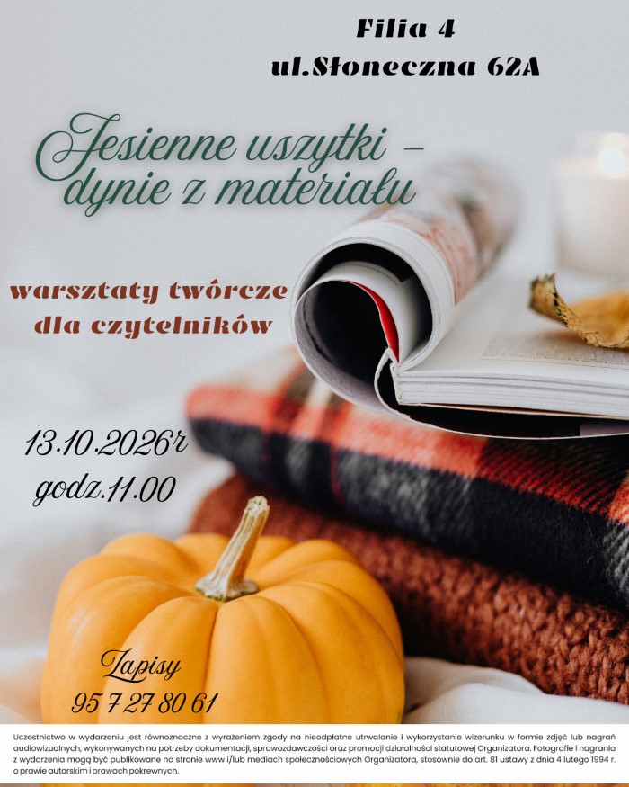 Na plakacie widoczne są w&nbsp;tle dynie w&nbsp;towarzystwie ciepłych kocyk&oacute;w. po lewej stronie widnieje tytuł zajęć, a&nbsp;poniżej data spotkania. na&nbsp;samym dole numer kontaktowy do zapisu.