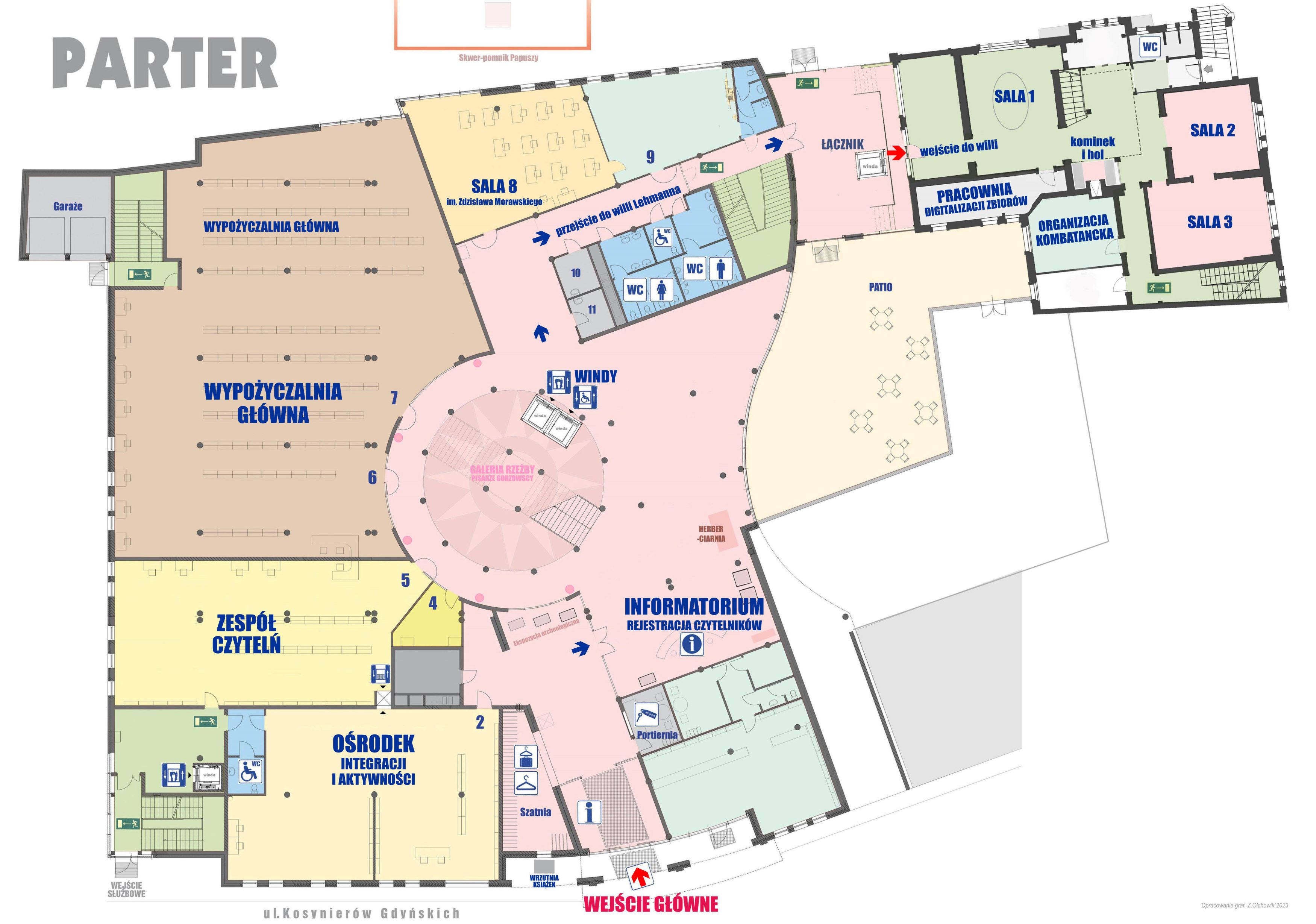 Grafika przedstawiająca mapę parteru budynku gł&oacute;wnego WiMBP w&nbsp;Gorzowie Wielkopolskim.