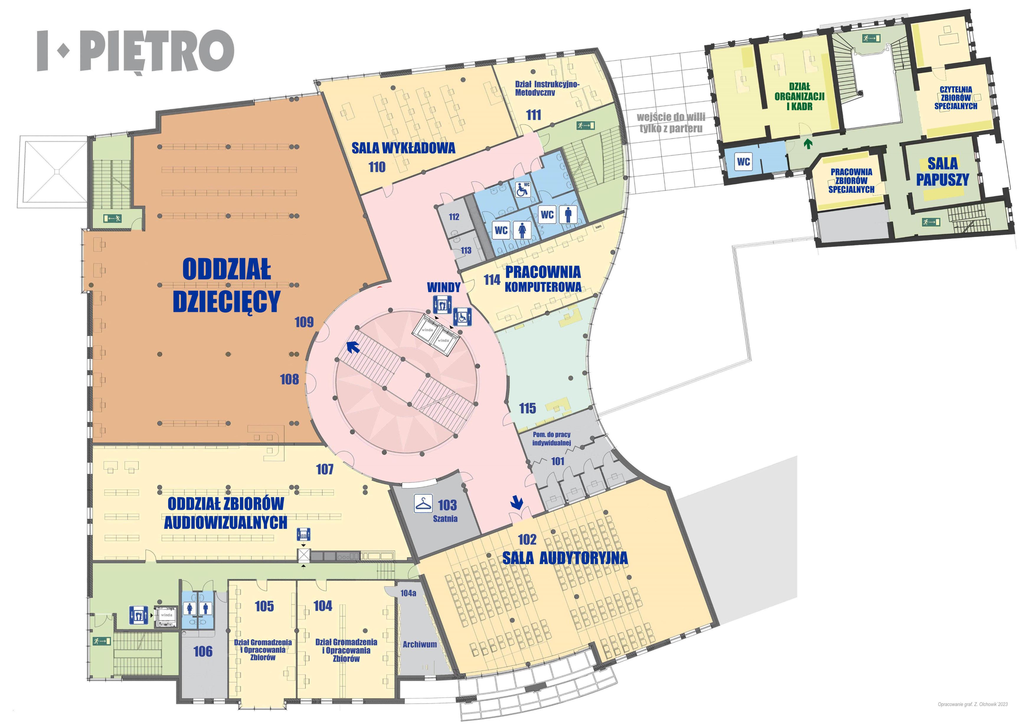 Grafika przedstawiająca mapę pierwszego piętra budynku gł&oacute;wnego WiMBP w&nbsp;Gorzowie Wielkopolskim.