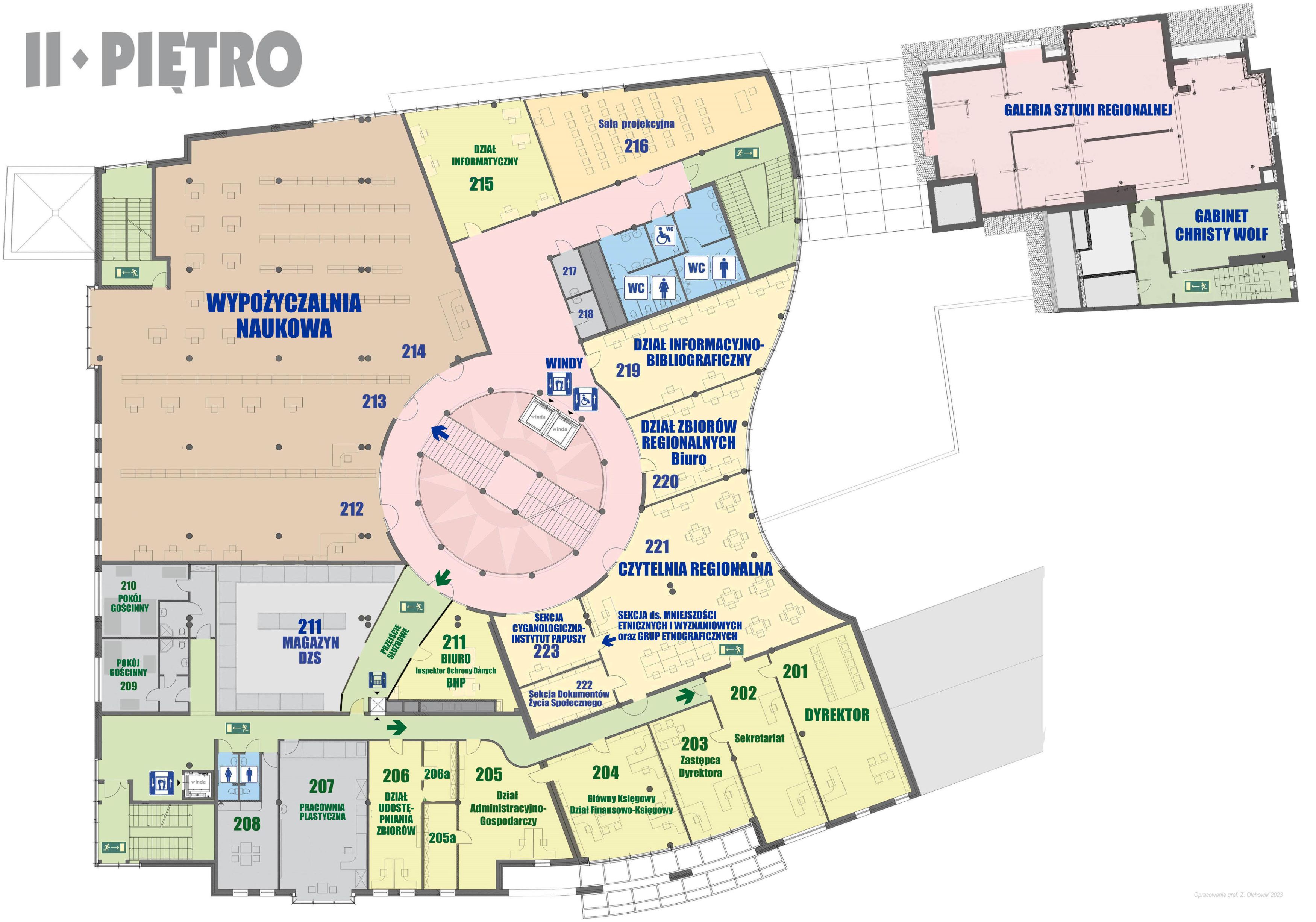 Grafika przedstawiająca mapę drugiego piętra budynku gł&oacute;wnego WiMBP w&nbsp;Gorzowie Wielkopolskim.