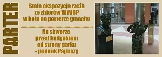 plakat z&nbsp;opisem wystawy. Obok zdjęcie z&nbsp;rzeźbami.