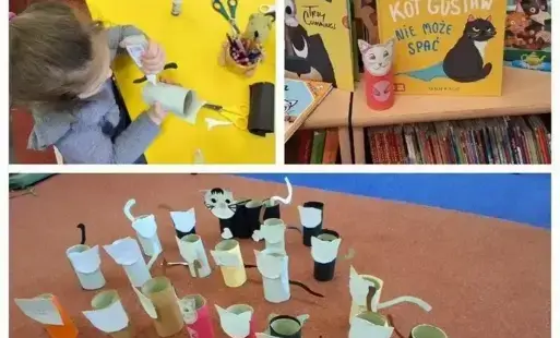 Kolaż z trzech zdjęć. Dwoje dzieci siedzi przy stoliku.. Dzieci wykonują kotki z rolek. Na regale są książeczki o kotkach. Na dywanie jest wystawa dwudziestu kotków z rolek.