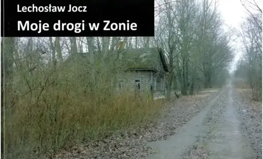Karta książki z nazwiskiem autora i tytułem – drewniany dom w lesie.