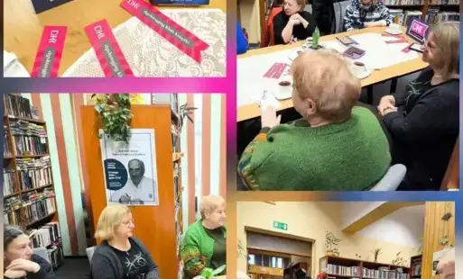 Tytułowe – Kolarz czterech zdjęć: okładka książki; klubowiczki przy stole wewnątrz biblioteki