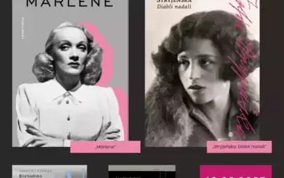 Plakat promujący spotkanie autorskie z Angeliką Kuźniak, pisarką i reporterką, organizowane przez Wojewódzką i Miejską Bibliotekę Publiczną im. Zbigniewa Herberta w Gorzowie Wielkopolskim. Na plakacie widnieją okładki jej książek: 'Marlene', 'Stryjeńska. 