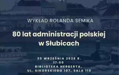 Granatowe tło z widokiem na XIX wieczny Gorzów od strony Zawarcia. Na górze widoczne logo, poniżej informacje o wydarzeniu, logo Lubuskie warte zachodu, logo biblioteki i roku kultury. Niżej informacja o tym, że spotkanie będzie nagrywane w celu promocji 