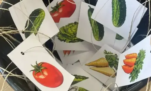wiaderko z emblematami różnych warzyw