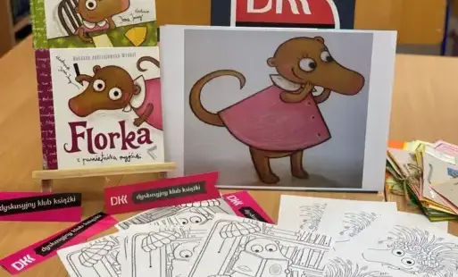  Książka R. Jędrzejewskiej – Wróbel „Florka. Z pamiętnika ryjówki”, napis DKK, zakładki DKK ,portret głównej bohaterki wraz kolorowankami.