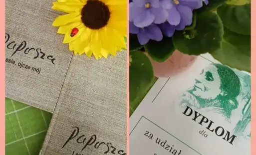 Kolaż  dwóch zdjęć przedstawiających tomiki wierszy Papuszy oraz wzór dyplomu przygotowanego dla uczestników konkursu.