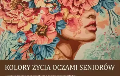 Plakat promujący wystawę artystyczną. Na środku znajduje się kolorowa grafika przedstawiająca profil kobiety, której włosy przeradzają się w duże, barwne kwiaty w odcieniach czerwieni, pomarańczu i niebieskiego.  Powyżej znajdują się napisy: 'Wojewódzka i