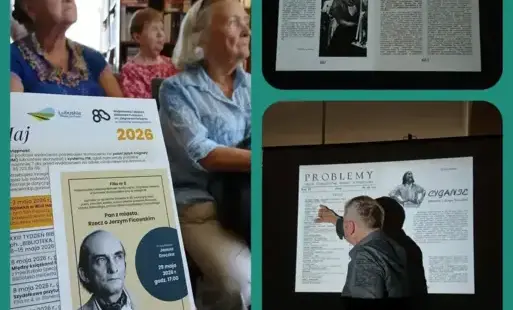 Kolaż z trzech zdjęć: zaproszenie na spotkanie literackie z podobizną Jerzego Ficowskiego, dwa slajdy z prezentacji  ukazujące wywiad Juliana Tuwima z Jerzym Ficowskim zamieszczony w czasopiśmie „Problemy”.