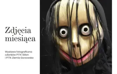 Fragment plakatu: na jasnym tle umieszczono duże zdjęcie przedstawiające postać w przerażającej masce z szeroko otwartymi oczami, czarnymi włosami oraz czarnym kapturem. Informacje jak powyżej plakatu głownego..