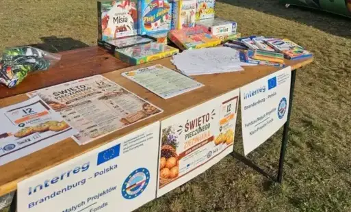 Stoisko plenerowe z grami planszowymi i plakatami, przygotowane na drewnianym stole rozstawionym na trawie.