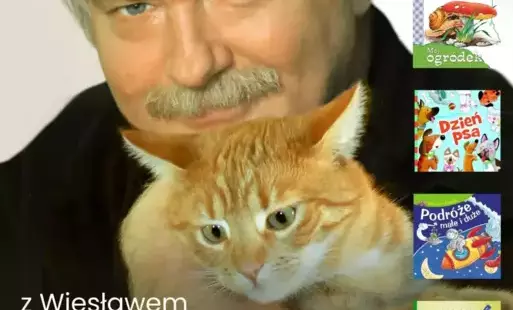 Plakat promujący wydarzenie z podobizną autora, piecioma okladkami książek, logami DKK, Instytutu Książki, Biblioteki Publicznej w Cybince. Tekst: Biblioteka Publiczna Miasta i Gminy w Cybince, ul. Słubicka 28 zaprasza na spotkanie z Wieslawem Drabikiem a