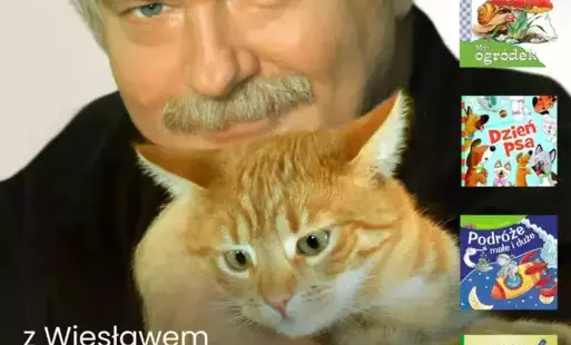 Plakat promujący wydarzenie z podobizną autora, piecioma okladkami książek, logami DKK, Instytutu Książki, Biblioteki Publicznej w Słubicach. Tekst: Biblioteka Publiczna Miasta i Gminy w Słubicach, ul. Jedności Robotniczej 18 zaprasza na spotkanie z Wiesl