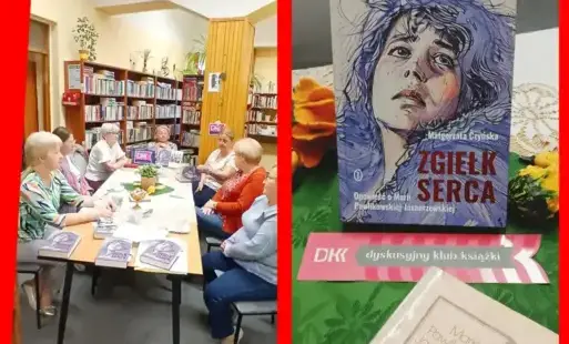 kolaż dwóch zdjęć: uczestniczki DKK zgromadzone wokół stołu, okładka książki „Zgiełk serca” 