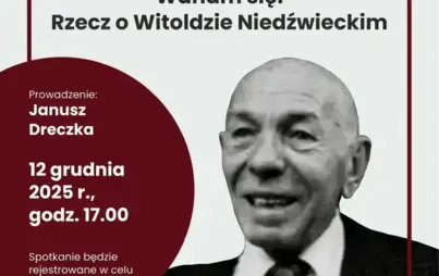 Plakat informuje o spotkaniu literackim organizowanym przez Filię nr 8 Wojewódzkiej i Miejskiej Biblioteki Publicznej im. Zbigniewa Herberta w Gorzowie Wielkopolskim. W górnej części znajduje się tekst o okazji wydarzenia — 20. rocznicy śmierci prozaika, 