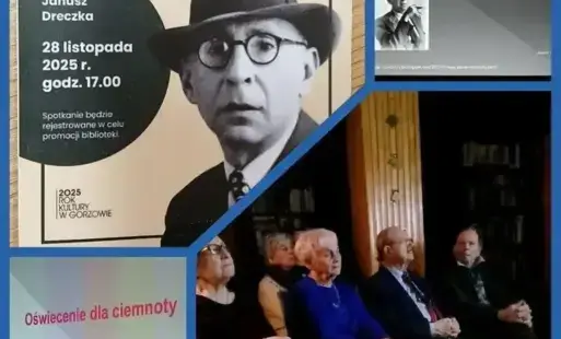 Tytułowe-	Kolaż  czterech zdjęć: plakat z podobizną Antoniego Słonimskiego, wnętrze biblioteki podczas trwającego spotkania literackiego, slajdy z prezentacji z utworami poety oraz fotografiami z różnych okresów jego życia.