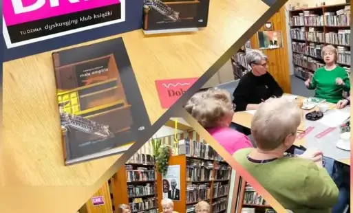 Kolarz trzech zdjęć: okładka książki; klubowicze przy stole wewnątrz biblioteki