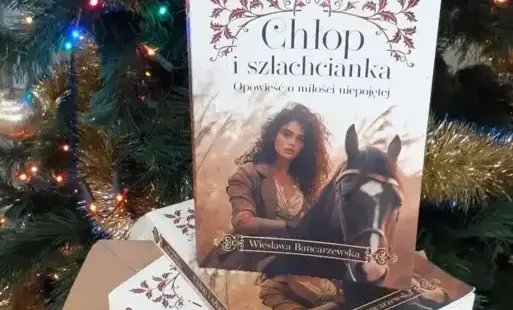 Zdjęcie  startowe – ekspozycja omawianej książki na tle choinki