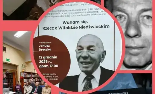 Tytułowe-	Kolaż  pięciu zdjęć: plakat z podobizną Witolda Niedźwieckiego, wnętrze biblioteki podczas trwającego spotkania literackiego, slajdy z prezentacji z podobizną bohatera spotkania oraz publikacje jego prac.