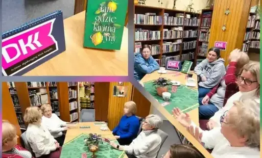 Kolarz trzech zdjęć: okładka książki; klubowicze przy stole wewnątrz biblioteki