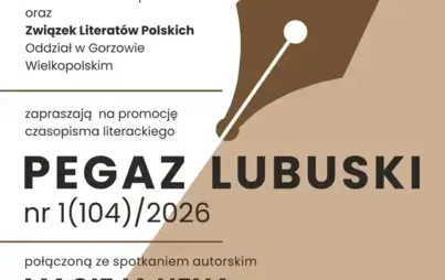 Plakat promujący wydanie czasopisma literackiego. W górnej części znajdują się logotypy dwóch instytucji oraz nazwy organizatorów. Po lewej stronie umieszczono tekst zapraszający na promocję czasopisma połączoną ze spotkaniem autorskim Macieja Hena.