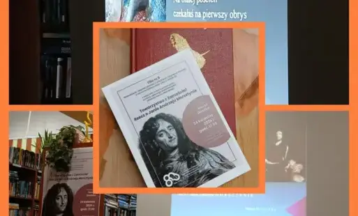 Kolaż z trzech zdjęć: plakat z podobizną Jana Andrzeja Morsztyna, slajd z prezentacji  przedstawiający wiersz autora prezentacji, wnętrze biblioteki z widocznym plakatem zapraszającym na wydarzenie oraz ekran z wyświetlona prezentacja