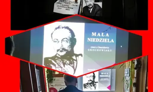 Kolaż z trzech zdjęć: dwa slajdy z prezentacji ukazujące postać bohatera oraz trzeci z wnętrzem biblioteki podczas spotkania.
