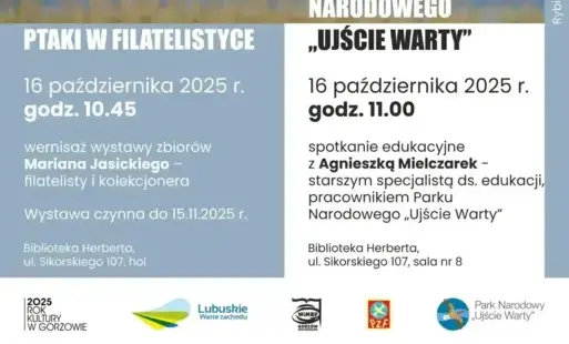 Plakat promujący wernisaż wystawy i spotkanie edukacyjne. Na zdjęciu widoczna fotografia lecącej rybitwy białowąsej, autorstwa O. Betańskiej. Tło plakatu jest jasnoniebieskie. Widnieje na nim informacja o wydarzeniach: Wojewódzka i Miejska Biblioteka Pub