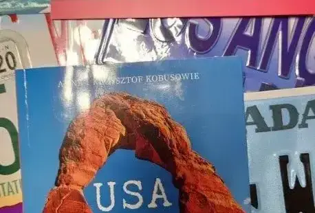 Omawiana książka leży na tle tablic rejestracyjnych przywiezionych ze Stanów Zjednoczonych.