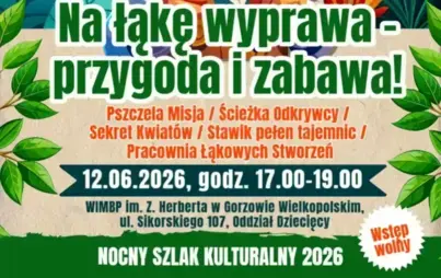 Kolorowy plakat promujący wydarzenie dla dzieci w ramach Nocnego Szlaku Kulturalnego 2026. Na ilustracji chłopiec odkrywca z lupą stoi na tle tropikalnej roślinności. U góry napis: „Oddział Dziecięcy zaprasza”. Informacje jak poniżej.