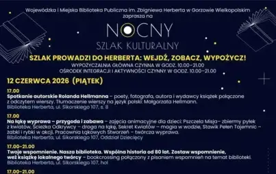 Plakat informacyjny Wojewódzkiej i Miejskiej Biblioteki Publicznej w Gorzowie Wielkopolskim zapraszający na „Nocny Szlak Kulturalny” w dniach 12-13 czerwca 2026 r. Tytuł plakatu: „Szlak prowadzi do Herberta: Wejdź, zobacz, wypożycz!”.  Wszystkie wydarzeni