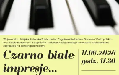 Plakat zapraszający na wydarzenie. Na nim widoczne klawisze fortepianu oraz tytuł spotkania i organizatorzy oraz data i godzina - jak w opisie.